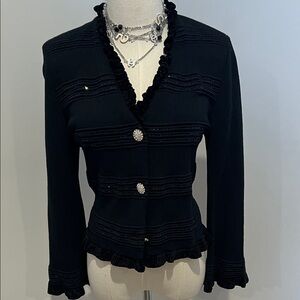 Vintage St. John Black knit jacket with velvet ruffle trim and Rhinestone button